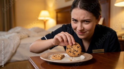Candid photo of a sneaky young hotel maid secretly taking a chocolate chip cookie from a guest's plate in a hotel room. Workplace temptation, humor and hospitality rule-breaking concept