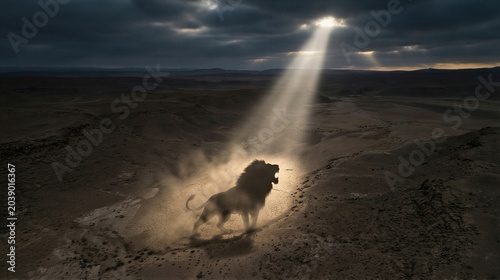 Roaring lion standing in desert under divine ray of light. Biblical scene depicting god creation of animal on earth. Concept of majesty, power, wilderness and spiritual beginning.