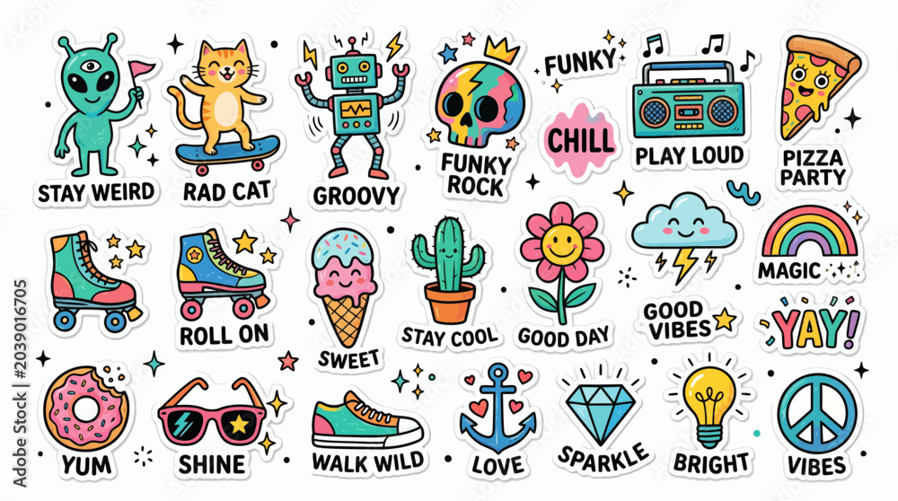 Fototapeta premium A funky doodle sticker set features various colorful illustrations of objects and phrases.