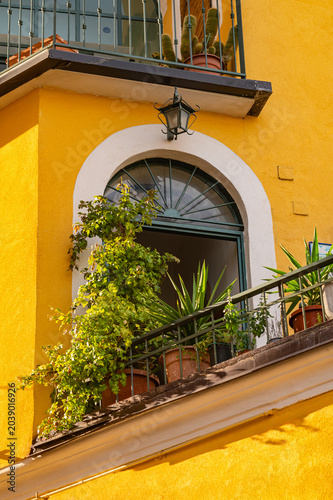 Low-angle view of a traditional Mediterranean arched window and balcony filled with potted green plants and cacti against a bright yellow stucco facade.