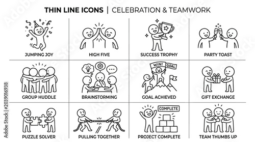 Принти на полотні Thin Line Icons Celebrating Teamwork and Success.