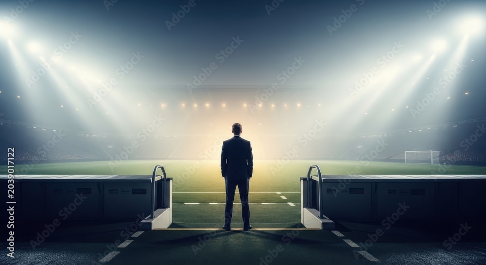 Fototapeta premium Man standing alone on foggy football field at night