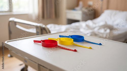Color coded hospital wristbands on bedside table in patient room representing healthcare identification and medical safety