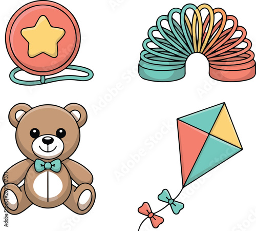 Photos Cute children toys vector icon set featuring teddy bear colorful slinky spring f