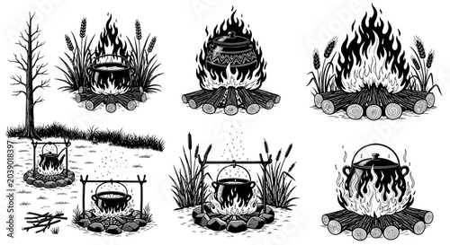 Campfire illustrations, burning flames, outdoor fire pit, vector graphics