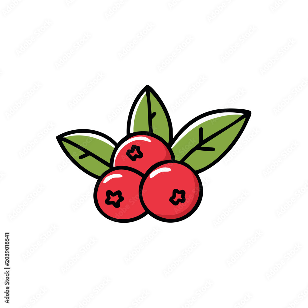 Obraz premium Three bright red cranberries with green leaves, illustrated fruit, healthy food concept