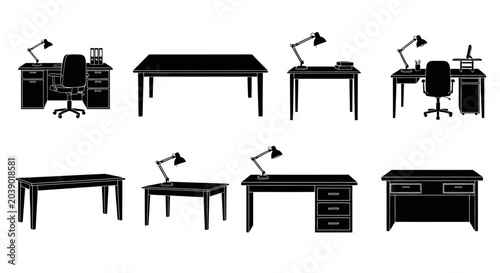 Office desks and workstations, modern furniture icons, business workspace concept, office background