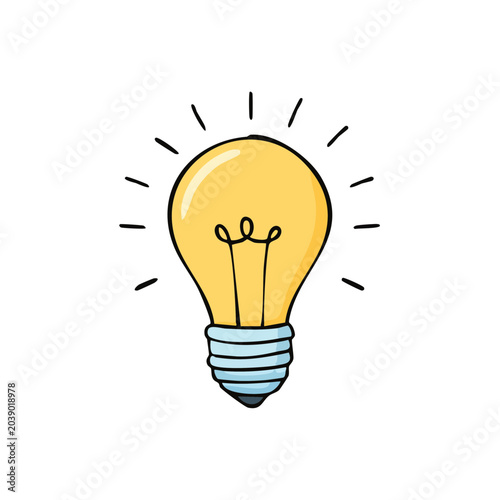 Drawn Light Bulb Glowing Brightly with radiating lines isolated on white