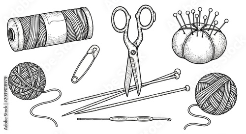 sewing tools and yarn balls, craft supplies, illustration