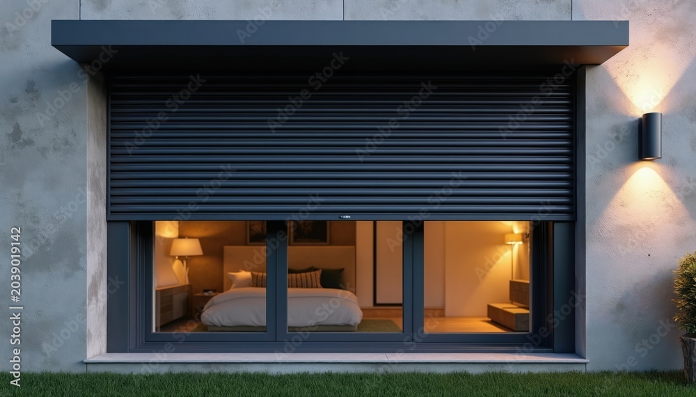 Fototapeta premium Dark roller shutters cover the bottom part of a window, showing a cozy bedroom interior. Shutters provide security and privacy, blocking outside view. Lights on exterior wall illuminate the facade.