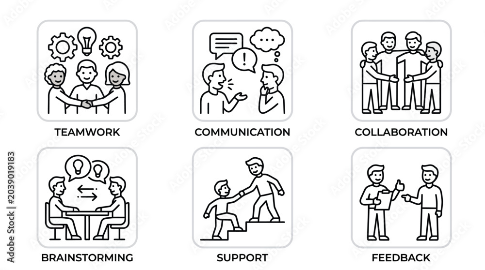 Fototapeta premium Teamwork communication collaboration brainstorming support feedback icons.