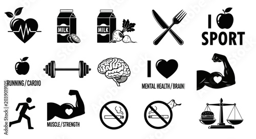 Bild auf Leinwand Black icons for sports, fitness and healthy lifestyle, wellness concept