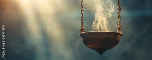 Burning metal censer with rising incense smoke hanging on chains. Christian religious liturgy and prayer ritual. Holy atmosphere of traditional church worship, spiritual peace. Banner with copy space