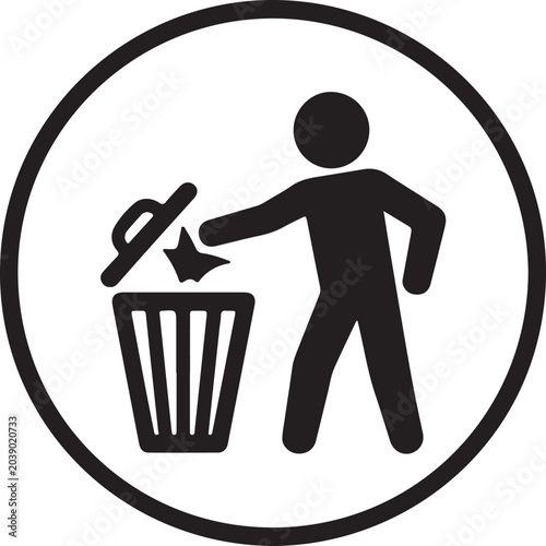 Environmental responsibility concept showing a person disposing of waste properly in a circular design icon