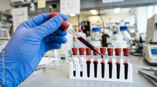 Close-up of hands in blue gloves working with test tubes in a rack inside a chemical laboratory. Concept: lab safety, meticulous analysis, chemical research.