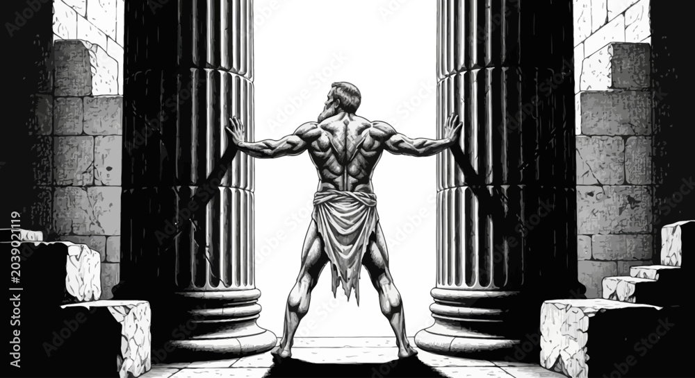 Fototapeta premium Muscular man standing between ancient columns, powerful male figure, greek mythology concept, dramatic illustration