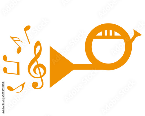 Bild auf Leinwand Music notes and musical instrument, french horn silhouette, vector illustration
