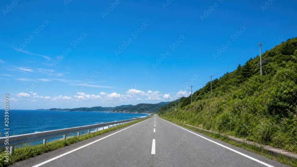 Naklejka premium 海に向かって伸びる夏の一本道ロード