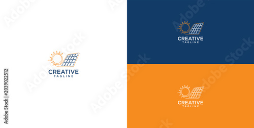 Solar panel and sun logo design for energy company, renewable power generation, clean electricity and eco-friendly solutions