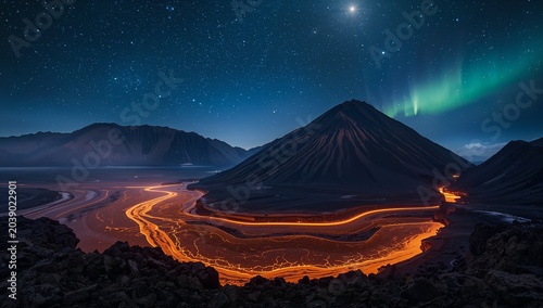 Northern Lights Aurora Borealis Glowing Over Snowy Mountain Valley at Night
