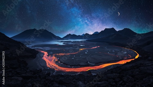 Volcanic lava river flowing into ocean under starry night sky with aurora glow