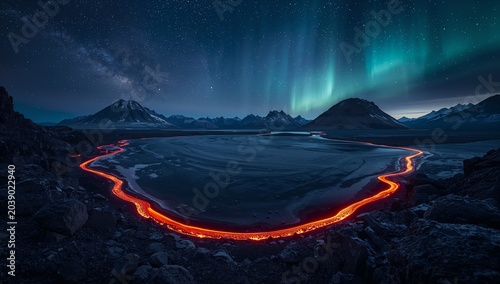 Long exposure light trail of car driving under vibrant aurora borealis in dark mountain lake landscape