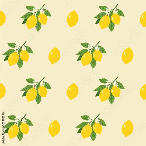 Bild auf Leinwand Lemon Fruit Seamless Pattern Design on Yellow Background
