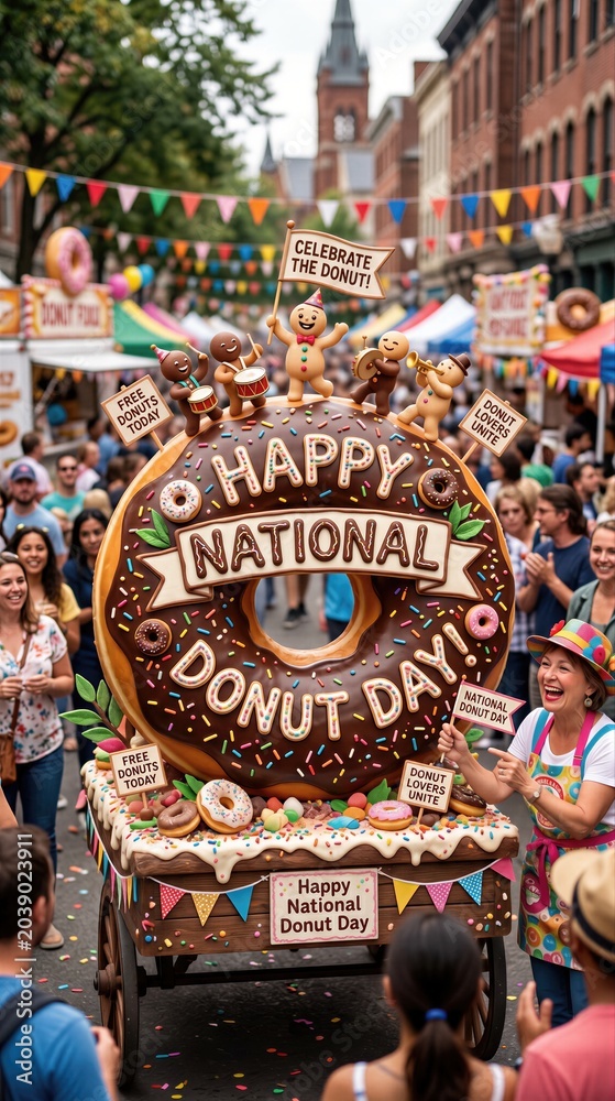 Fototapeta premium Woman in colorful apron pushing cart with giant donut during National Donut Day parade. Festive street celebration with cheering crowd and decorations. Happy holiday food festival event.