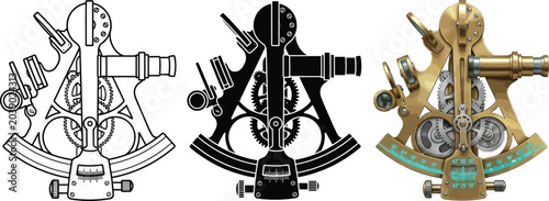 Photos Antique sextant instrument set featuring detailed brass outline and silhouette v