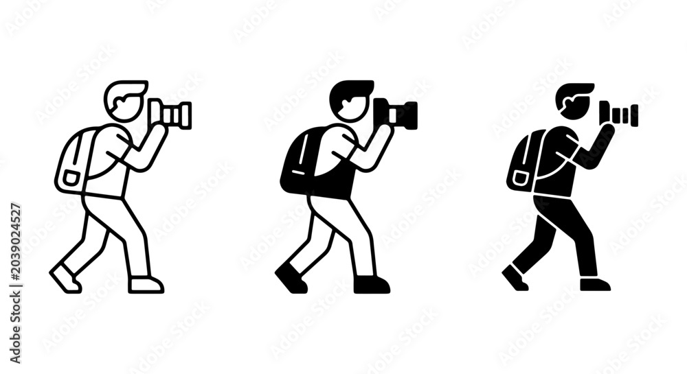 Fototapeta premium Photographer Icons Set, Person with Camera and Backpack, Vector Graphics for Media and Travel
