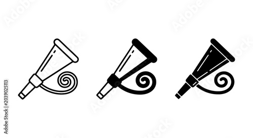 Fotografie Party Horn Vector Icon Set, Celebration Blower, Festive Noise Maker, Black and W
