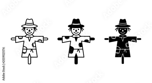 Photos Scarecrow icon set, three black and white scarecrow illustrations, farm and gard