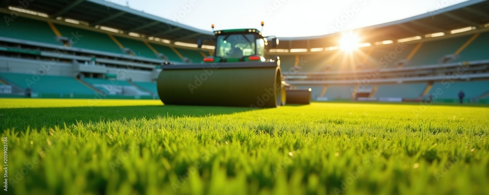 Naklejka premium Green tractor rolls stadium grass field for sport game preparation. Pro groundskeeper maintains lush pitch surface at sunny arena. Lawn care for soccer field performance.