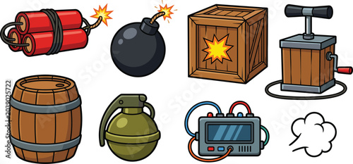 Foto Cartoon Explosive Weapons and Demolition Equipment Icon Set with Dynamite, Bomb,
