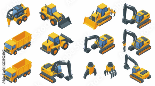 Photography Collection of construction vehicles and equipment isometric illustrations