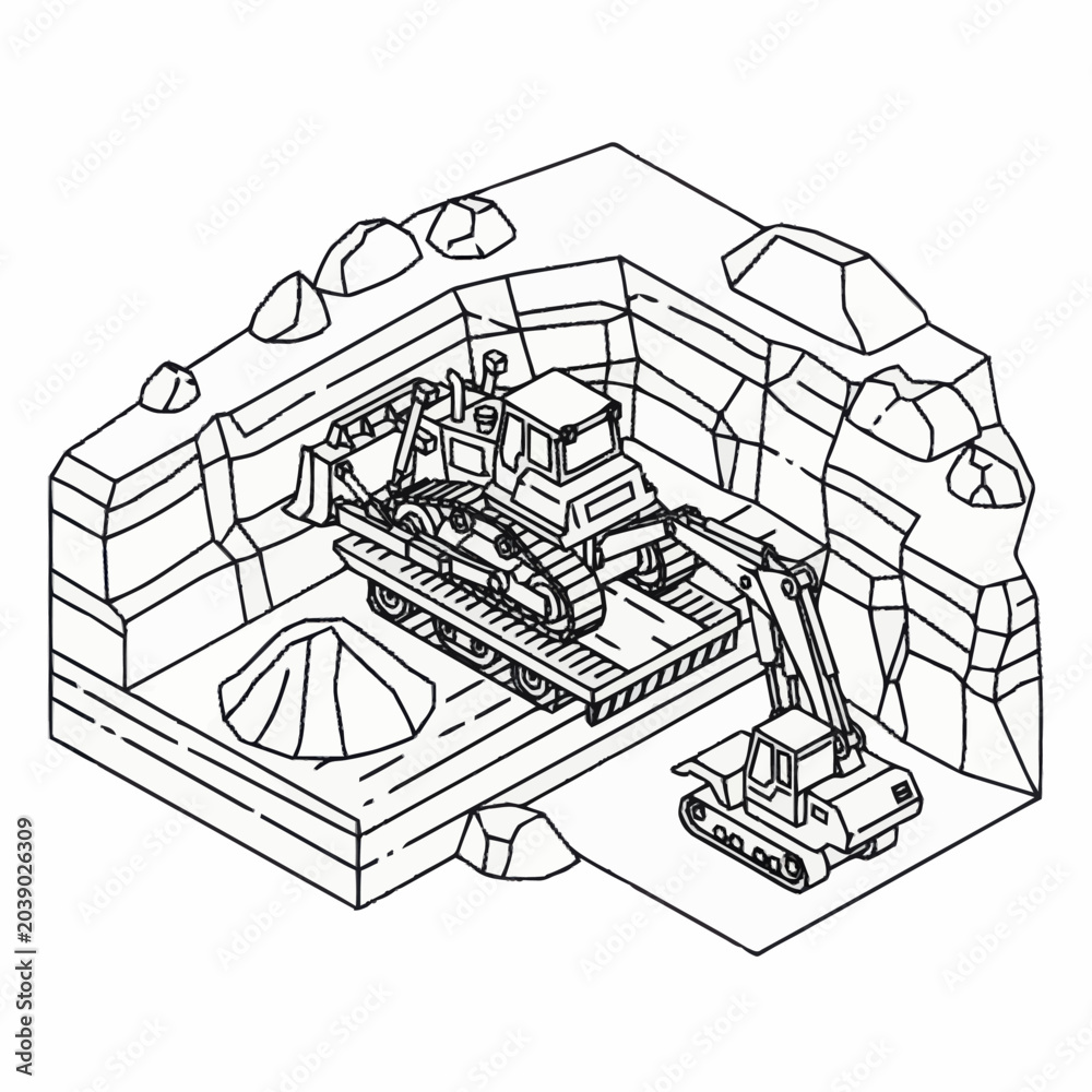 Obraz premium Construction vehicles in a quarry isometric illustration.