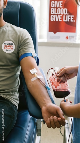 Man donating blood in clinic to support World Blood Donor Day. Medical nurse collecting blood in bag from volunteer donor for transfusion. Healthcare awareness, lifesaving charity concept.