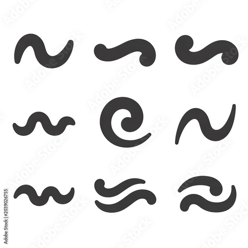 Set of hand drawn wavy lines and swirls, abstract decorative elements for design.