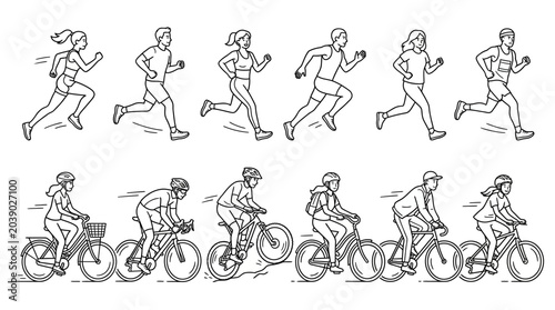 Foto Athletes running and cycling in a line drawing style.