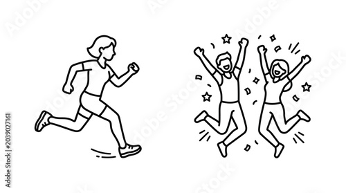 Tableau sur toile Two line art illustrations of people celebrating success and running