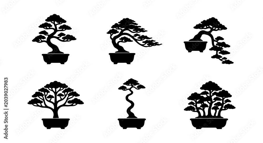 Fototapeta premium Bonsai Tree Vector Icons, Miniature Potted Plants, Zen Garden Elements, Black Silhouettes