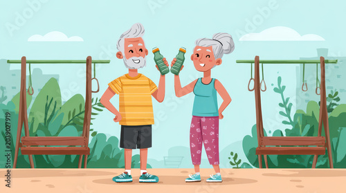 Playful Senior Couple Water Fight Outdoor Gym Joy