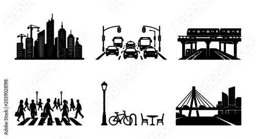 Tableau sur toile Urban Cityscape Icons: Skyline, Traffic, Subway, Pedestrians, Bridge, Street Sce