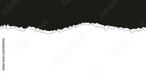 Torn black paper PNG isolated on transparent background with soft shadow and realistic ripped edge, empty banner template with copy space for text