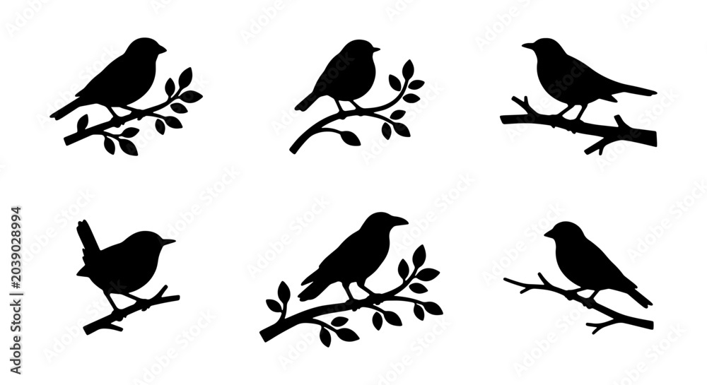 Fototapeta premium Vector Bird Silhouettes on Branches, Nature Icons, Wildlife Graphics, Minimalist Animal Art
