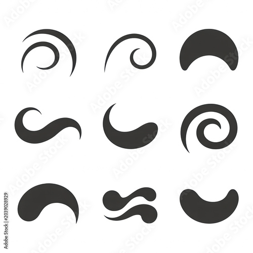 Set of abstract swirl and wave shapes, decorative design elements.