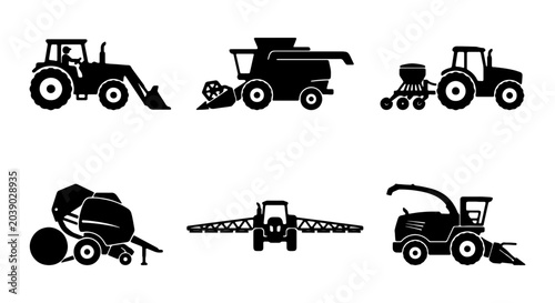 Foto Agricultural Machinery Icons: Tractor, Combine, Planter, Baler, Sprayer, Harvest