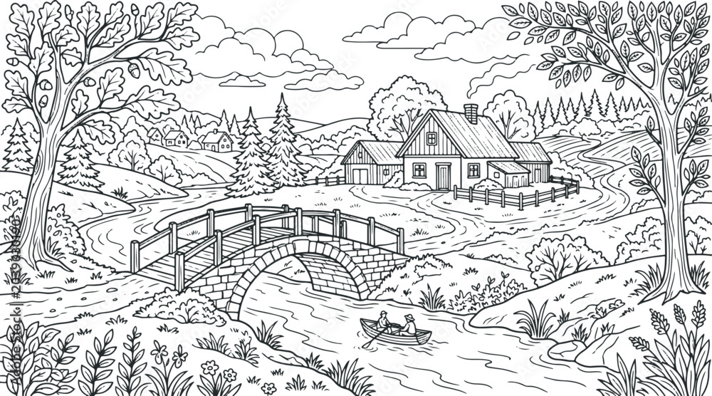 Fototapeta premium Black and white illustration of a house near a bridge and river