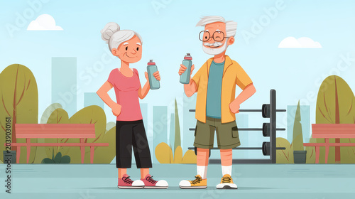 Playful Fitness Lifestyle Senior Couple Water Fight
