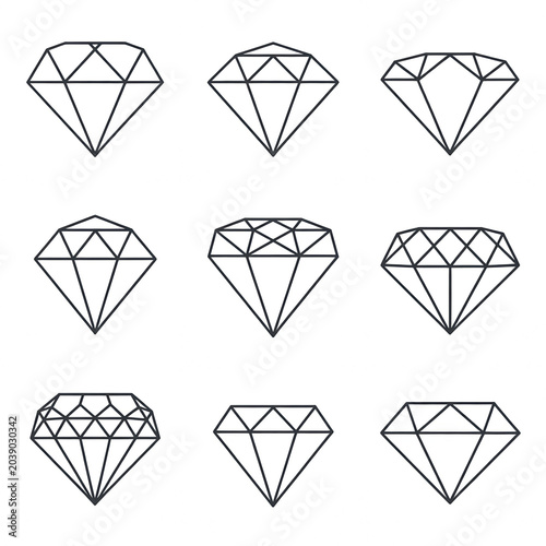 Set of diamond icons, vector illustration of various gemstone cuts isolated on white background.